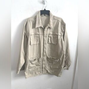 Beige Denim Chore Jacket Sz L Utility Workwear Safari Shacket Casual Streetwear